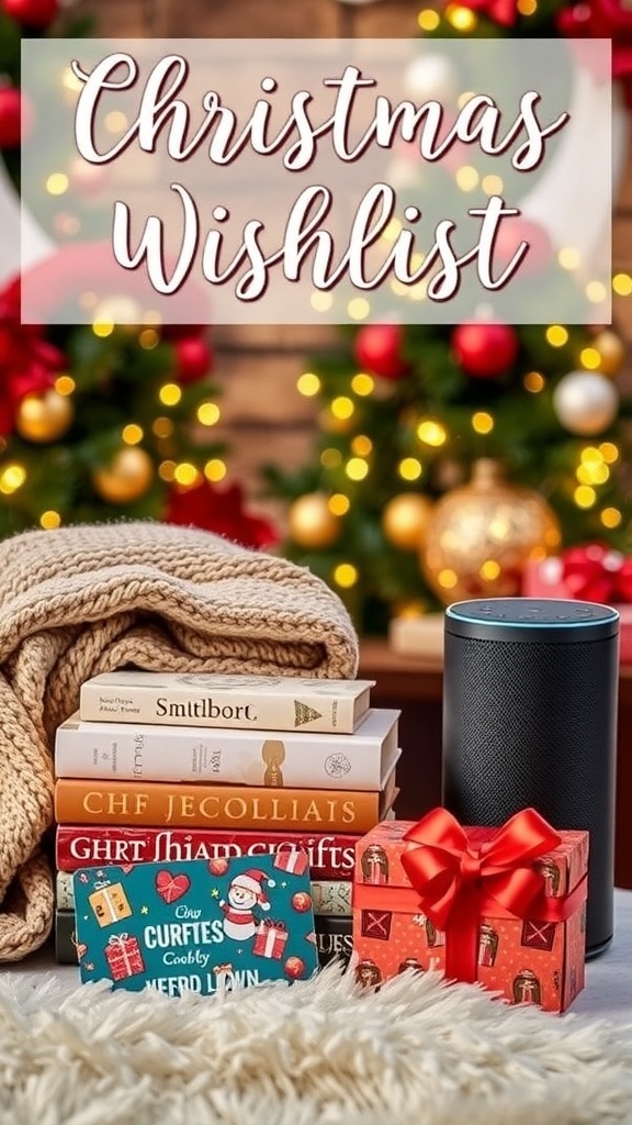 A festive Christmas wishlist display with cozy items, books, and decorations.